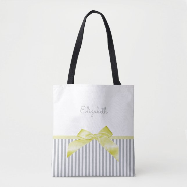 Tote Bag Cute Bow Jaune avec Gris Fille et Nom (Devant)