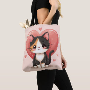 Tote Bag Cute Calico Cat Heart Kawaii Valentine's Art