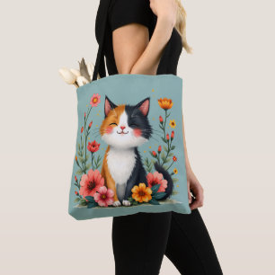 Tote Bag Cute Calico Chat avec Cottagecore Floral Esthétiqu