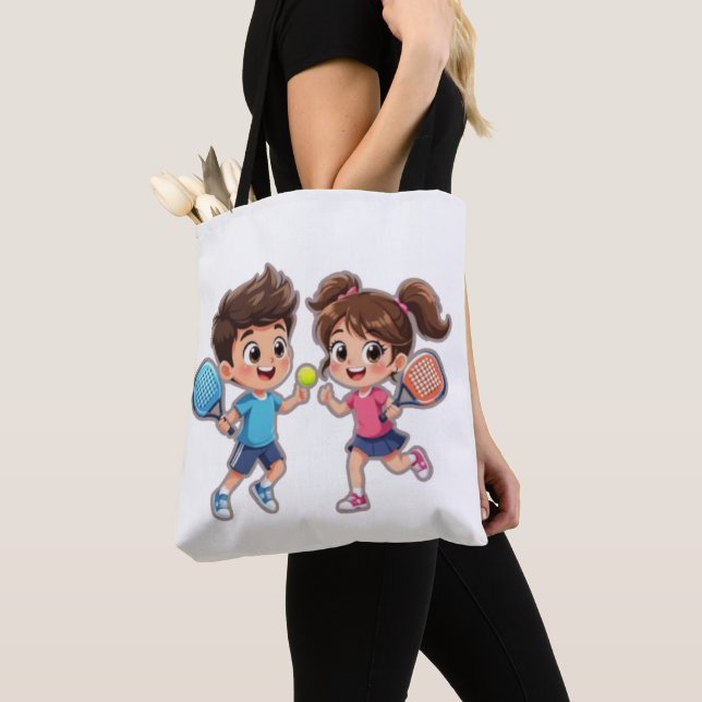 Tote Bag Cute Cartoon Boy and Girl Playing Padel Tennis – F (De près)