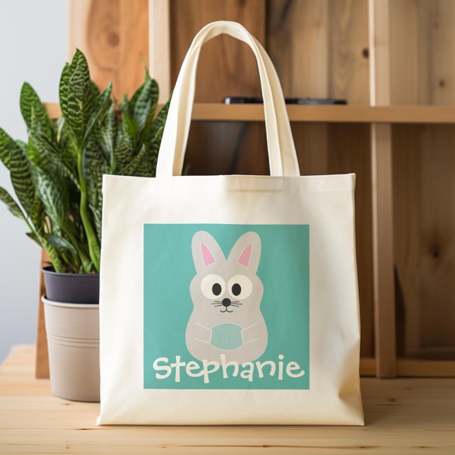 Tote Bag Cute Cartoon Easter Bunny with Custom Name (Custom Tote Bag)
