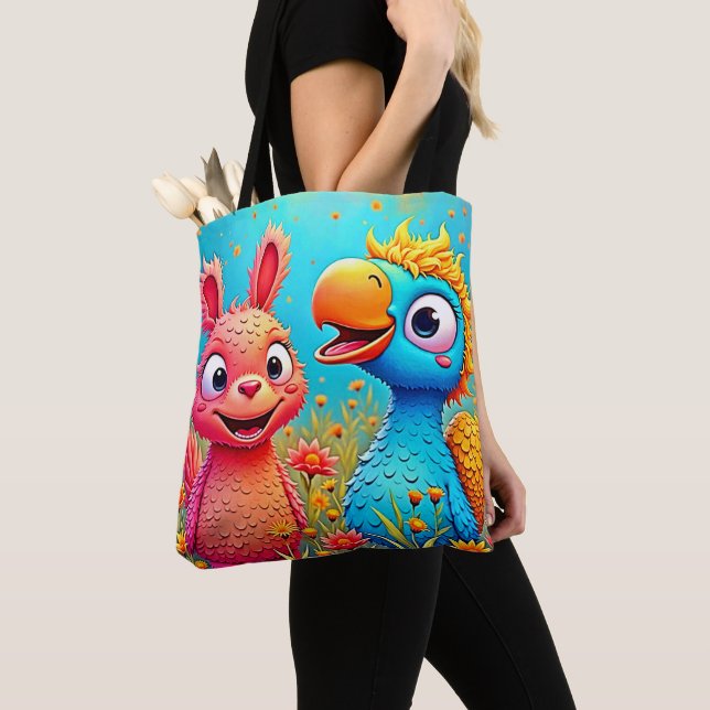 Tote Bag Cute Cartoon Parrot Bunny Art (De près)