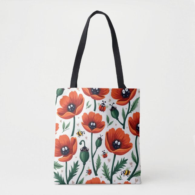 Tote Bag Cute Cartoon Pop Art Poppies Bees Ladybugs Women (Devant)