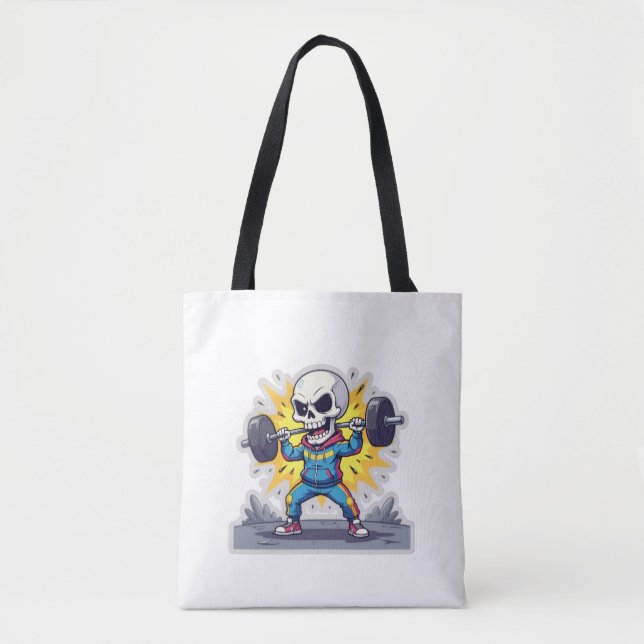 Tote Bag “Cute Cartoon Skeleton Weightlifter • Funny Gym Ba (Devant)