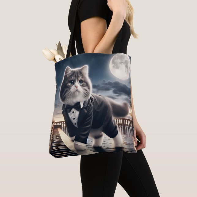 Tote Bag Cute Cat Pawdigy joue une sonate au clair de lune (De près)