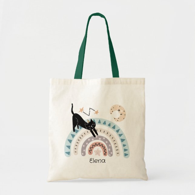 Tote Bag Cute Cat Rainbow Unicorn Nom personnalisé (Devant)