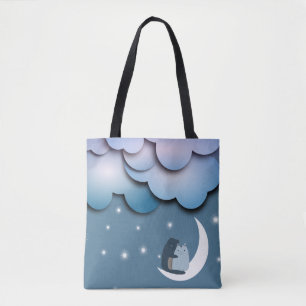 Tote Bag Cute Cats Cuddling on the Moon Art