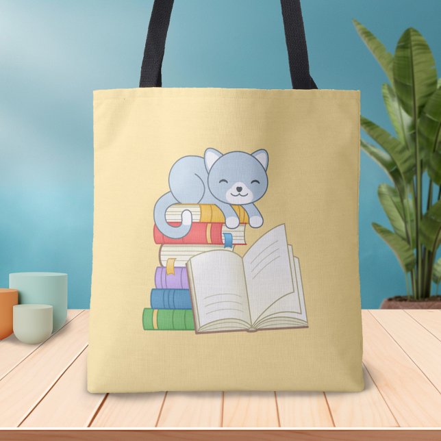 Tote Bag Cute Chat au-dessus d'une pile de livres (Créateur téléchargé)