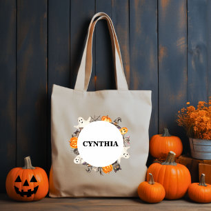 Tote Bag Cute chat chauve chauve Halloween Aquarelle Wreath