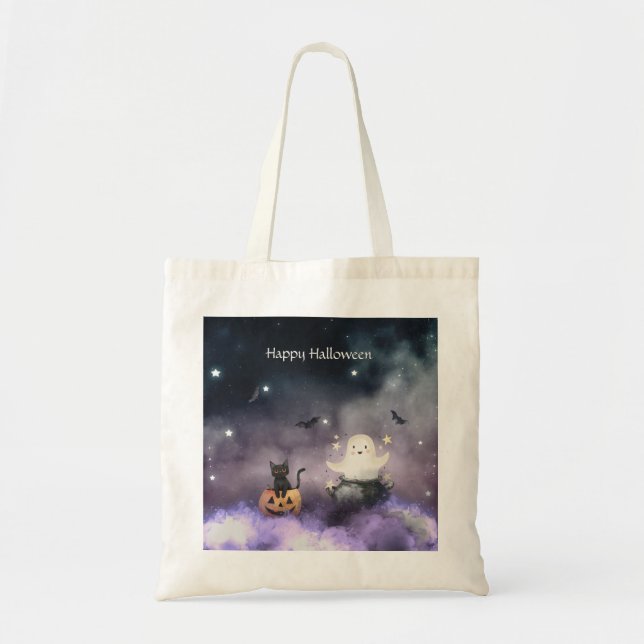 Tote Bag Cute chat et Fantôme Halloween (Devant)