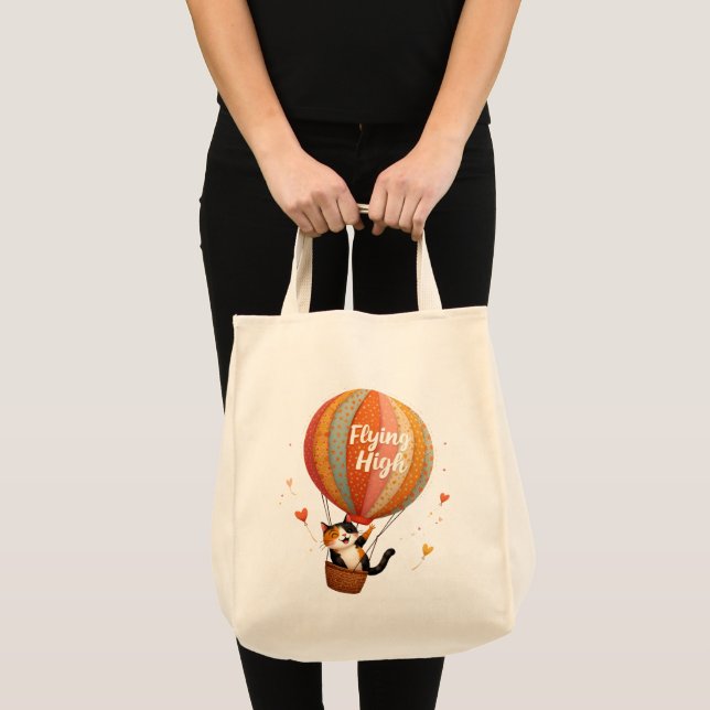 Tote Bag Cute Chat Hot Air Balloon Whimsical Art (Devant (produit))