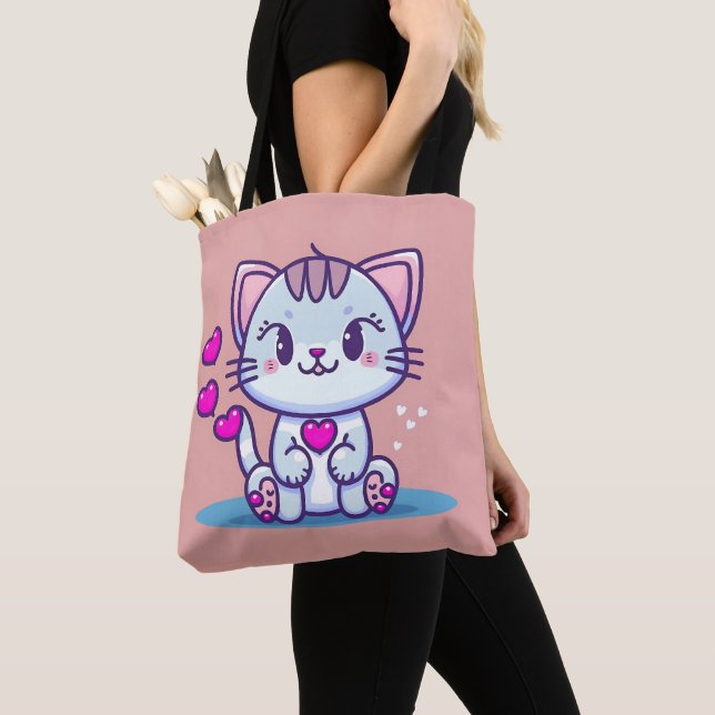 Tote Bag Cute Chat Kitten avec Coeurs Valentine Inspiré | (De près)