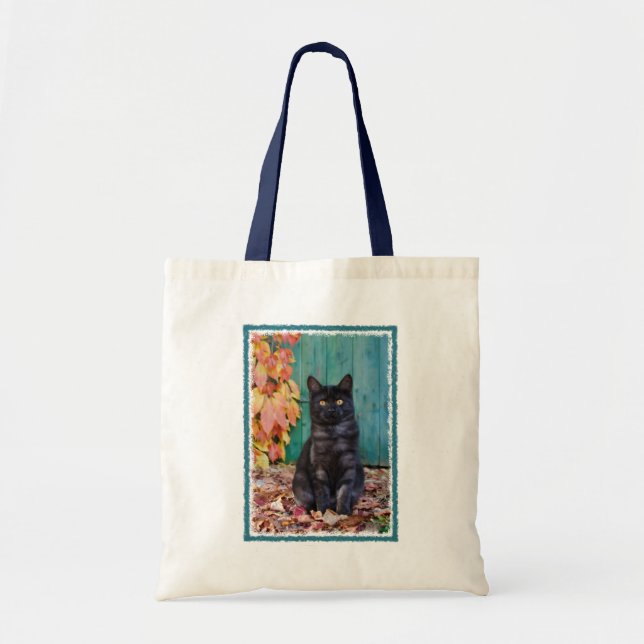 Tote Bag Cute Chat Noir Funny Kitten Rouge Feuille Porte Bl (Devant)