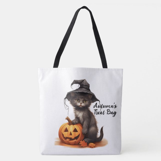 Tote Bag Cute chat noir personnalisé et Citrouille (Devant)