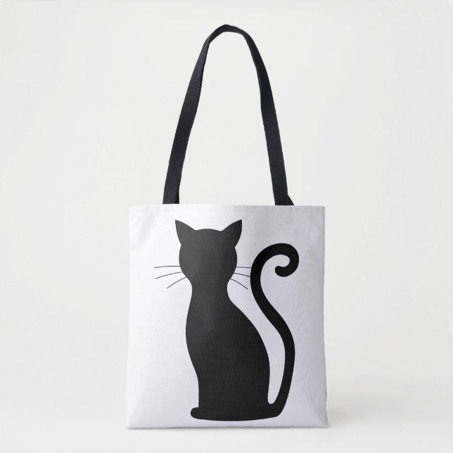 Tote Bag Cute Chat Noir Silhouette Fun Noir et Blanc (Devant)