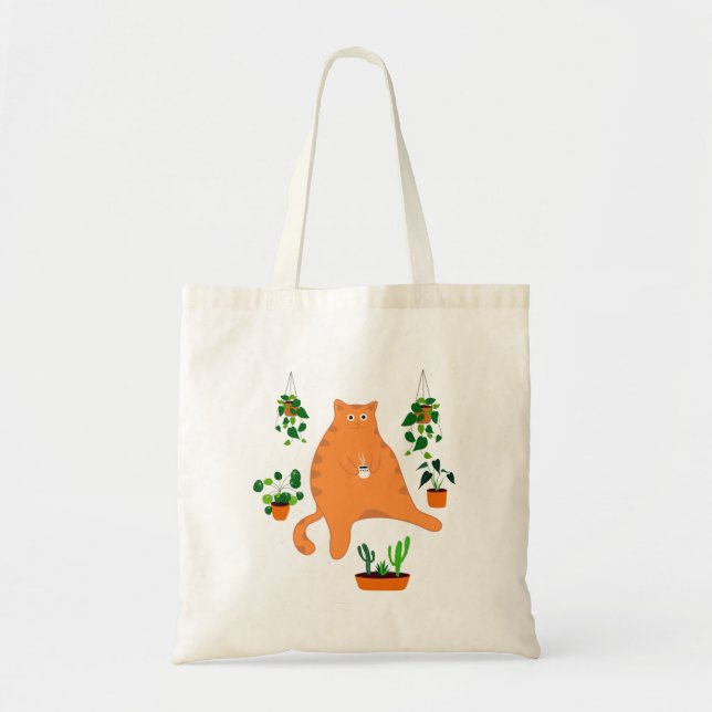 Tote Bag Cute Chat Orange Avec Plante, Mignonne Cadeau Chat (Devant)