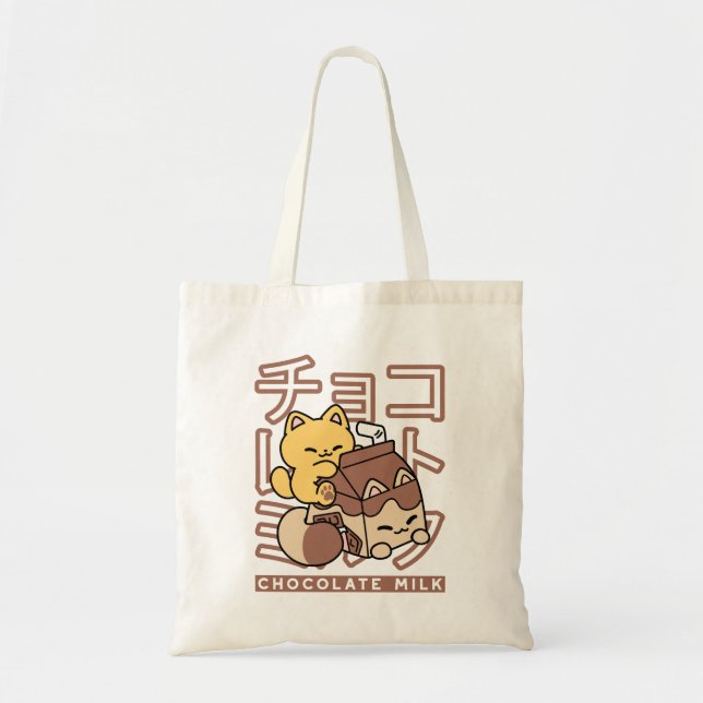 Tote Bag Cute Chat Riding Chocolat Lait Carton Kawaii Art (Devant)