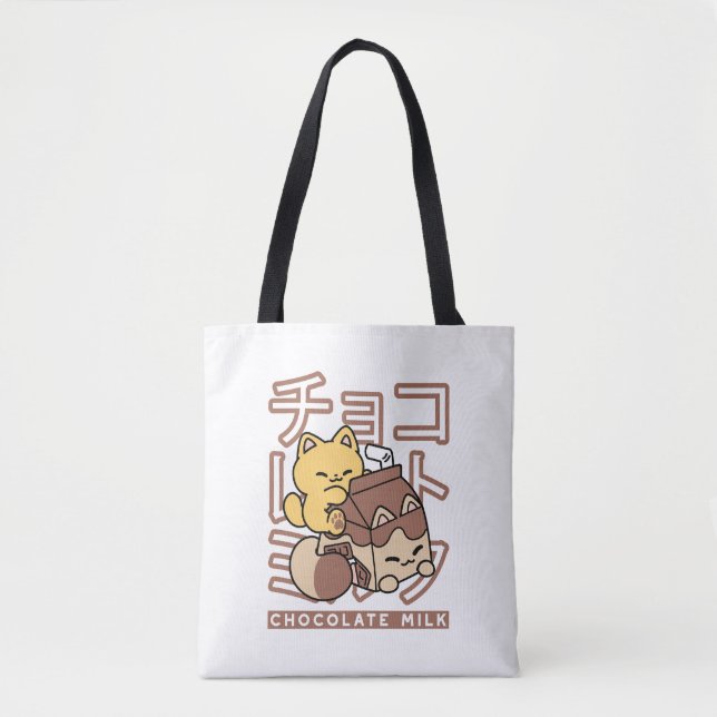 Tote Bag Cute Chat Riding Chocolat Lait Carton Kawaii Art (Devant)