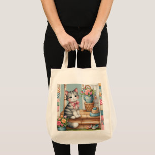 Tote Bag Cute Chat sur Porche avec Fleurs et Patchwork