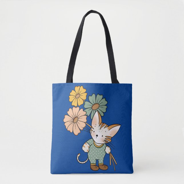 Tote Bag Cute Chat tenant des fleurs (Devant)