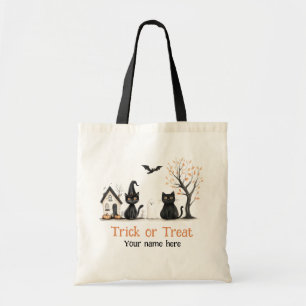 Tote Bag Cute Chats Noirs Trick ou Treat Nom personnalisé