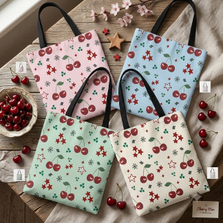 Tote Bag Cute Cherry Pattern Mint Green Cottagecore