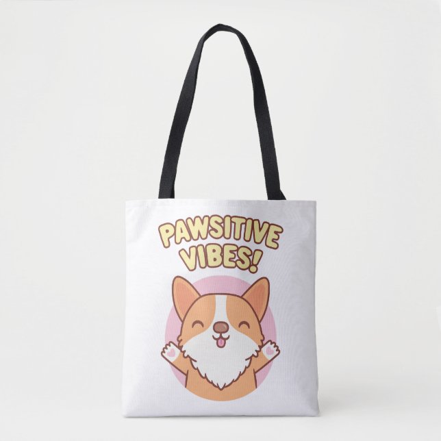 Tote Bag Cute Corgi Paws Vibes Pawsitive (Devant)
