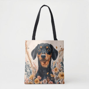Tote Bag Cute Dachshund avec peinture Fleur sauvage