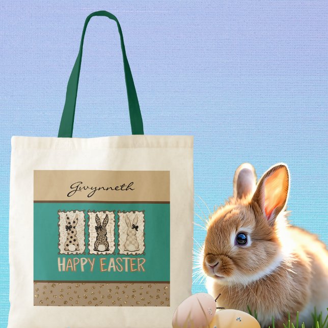 Tote Bag Cute Easter Bunny n Animal Print Brown Bows Teal (Créateur téléchargé)