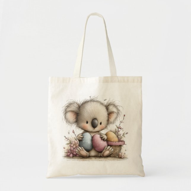 Tote Bag Cute Easter Koala Illustration with Pastel Eggs (Devant)