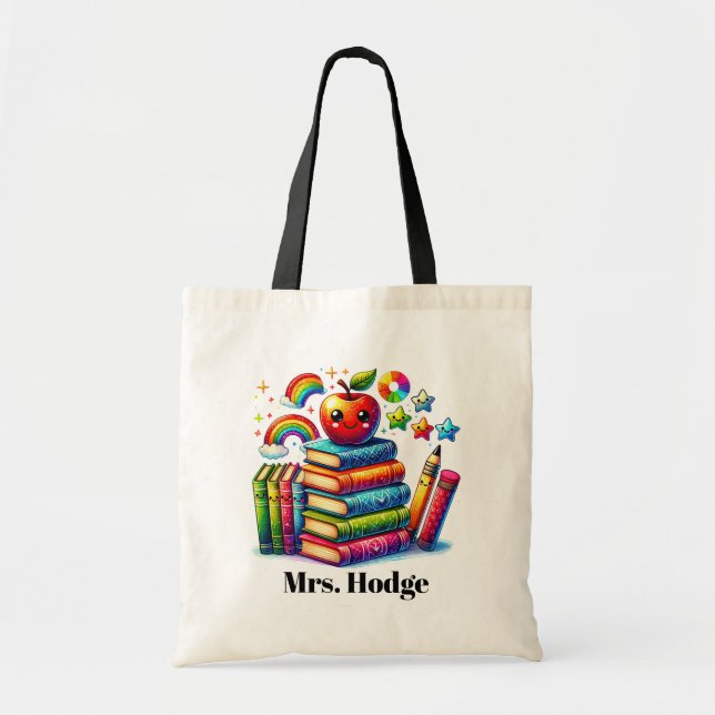 Tote Bag Cute Enseignant's books apple ajouter nom (Devant)