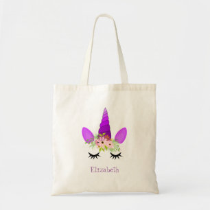 Tote Bag Cute face Unicorne, Couronne Florale