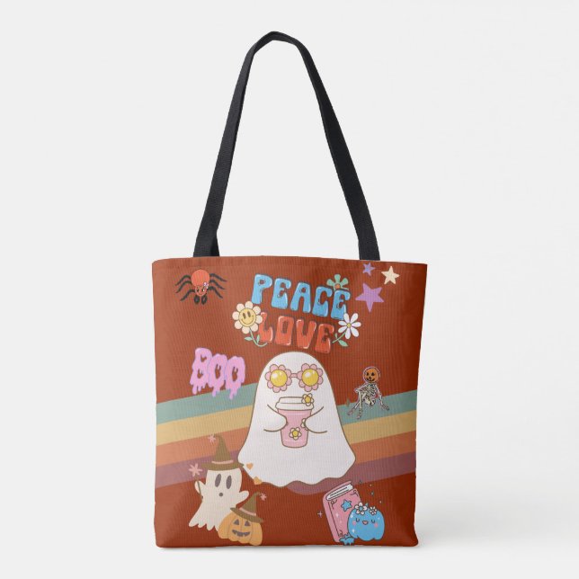 Tote Bag Cute Fantôme Super Style Paix & Amour Sombre Brown (Dos)