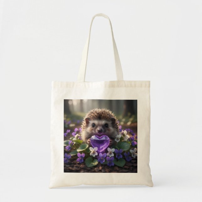 Tote Bag Cute February Hedgehog with Amethyst Heart (Devant)