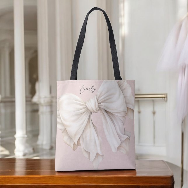 Tote Bag Cute fille blanche ivoire Bow sur rose (Personalize this feminine tote with your name.)
