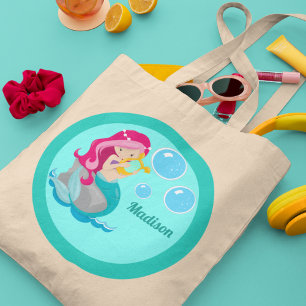 Tote Bag Cute Fille Sirène Personnalisée Enfants Turquoises