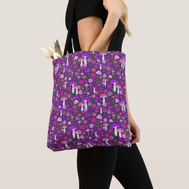 Tote Bag Cute Floral Mushrooms Vibrant Pink, Purple & Black (De près)