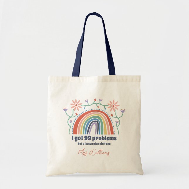 Tote Bag Cute Floral Rainbow Custom Text and Teacher Name (Devant)