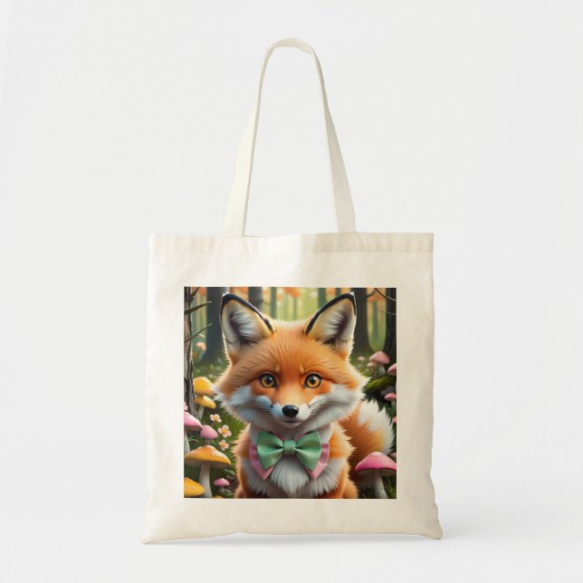 Tote Bag Cute Fox avec arc vert et rose (Devant)
