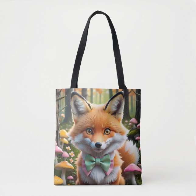 Tote Bag Cute Fox avec arc vert et rose (Devant)