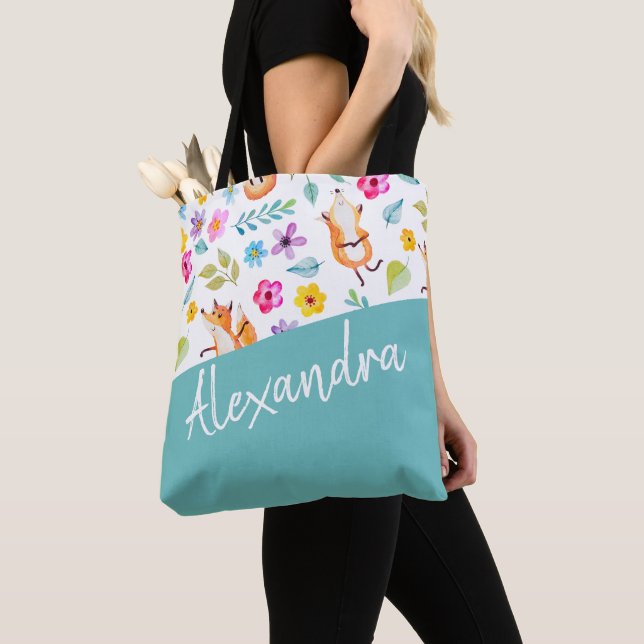 Tote Bag Cute Fox Motif Turquoise Personnalisé (De près)