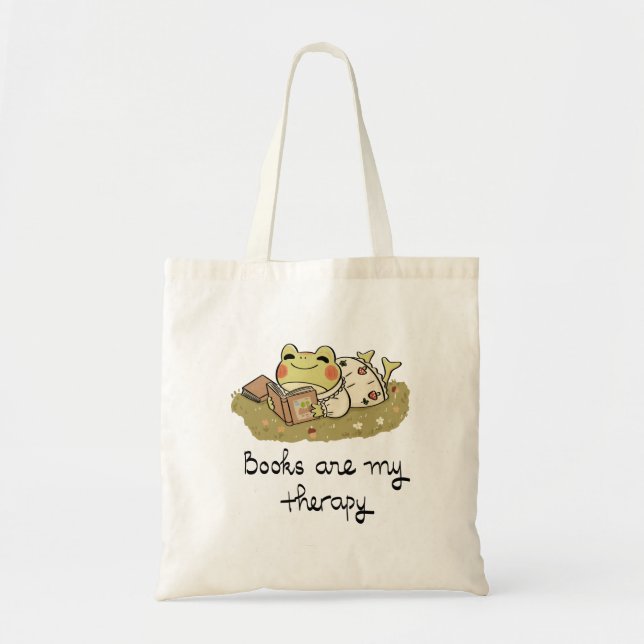 Tote Bag Cute Frog Reading - Books Are My Therapy (Devant)
