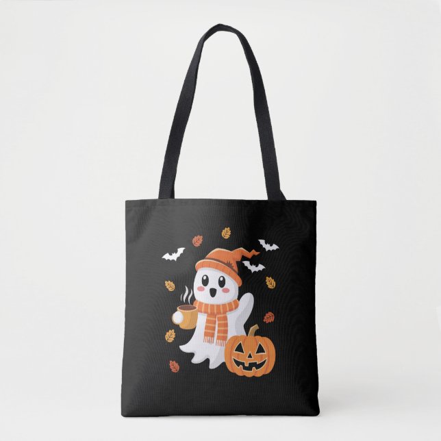 Tote Bag Cute Ghost Boire Café de glace Halloween (Devant)