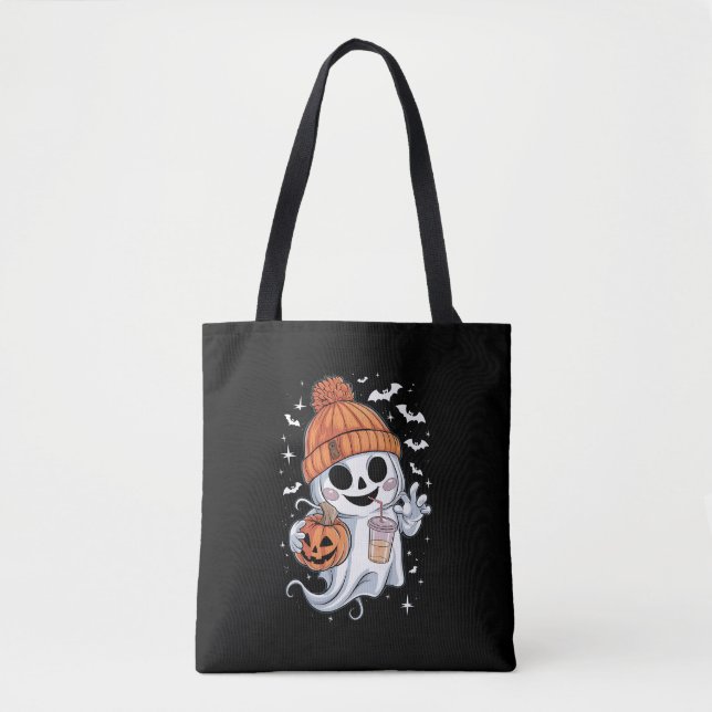 Tote Bag Cute Ghost Boire Café Halloween Café glacé (Devant)