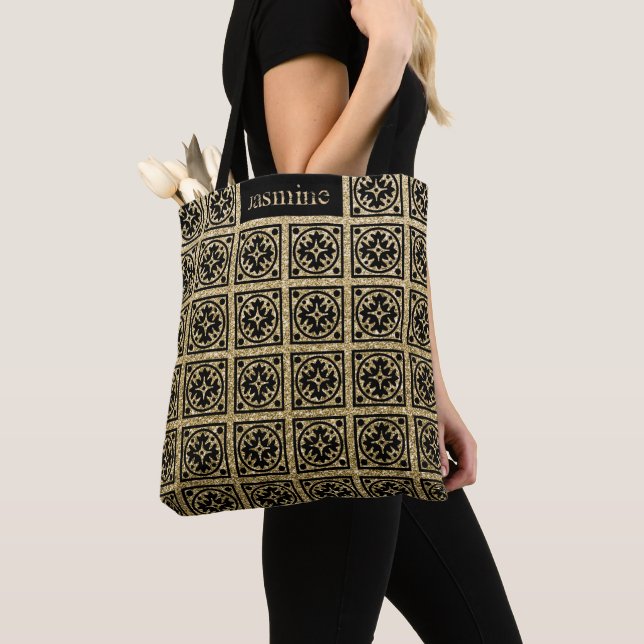 Tote Bag Cute Gold Black Parties scintillant Motif personna (De près)