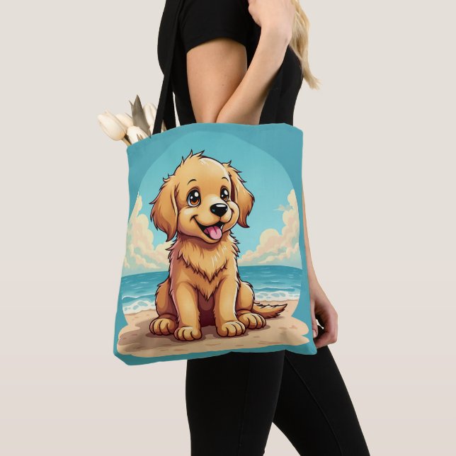 Tote Bag Cute Golden Puppy at Sunny Beach Scene (De près)