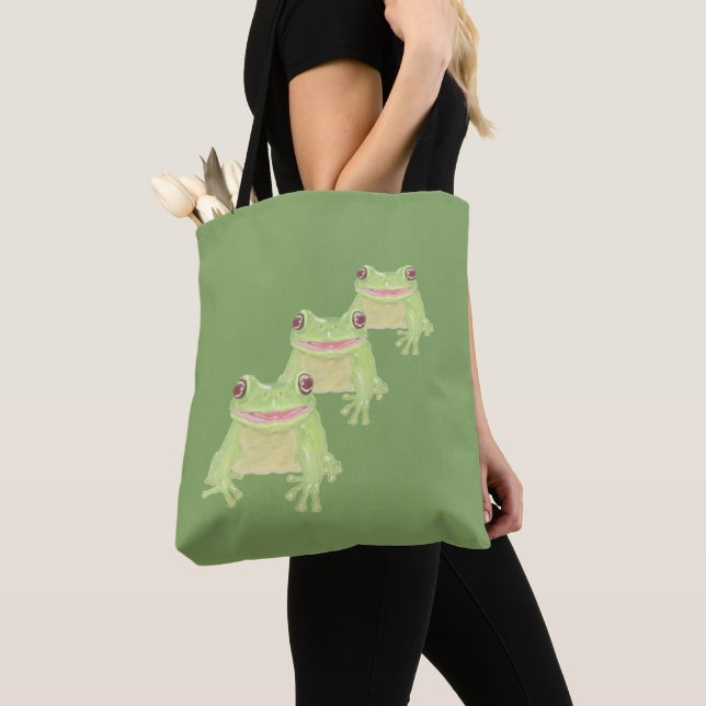 Tote Bag Cute Green Tree Frog - transparent. (De près)