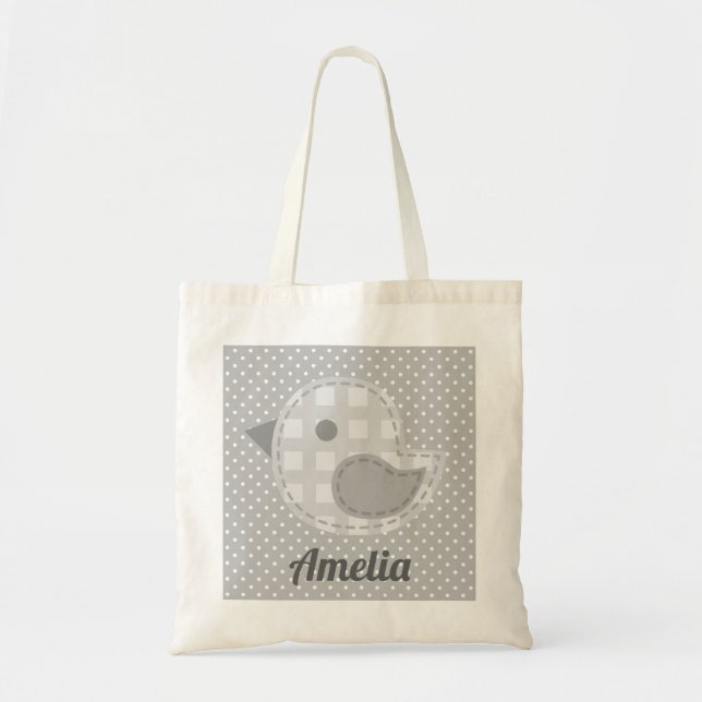 Tote Bag Cute Grey Baby Bird and Polka Dot Personnalisé (Devant)