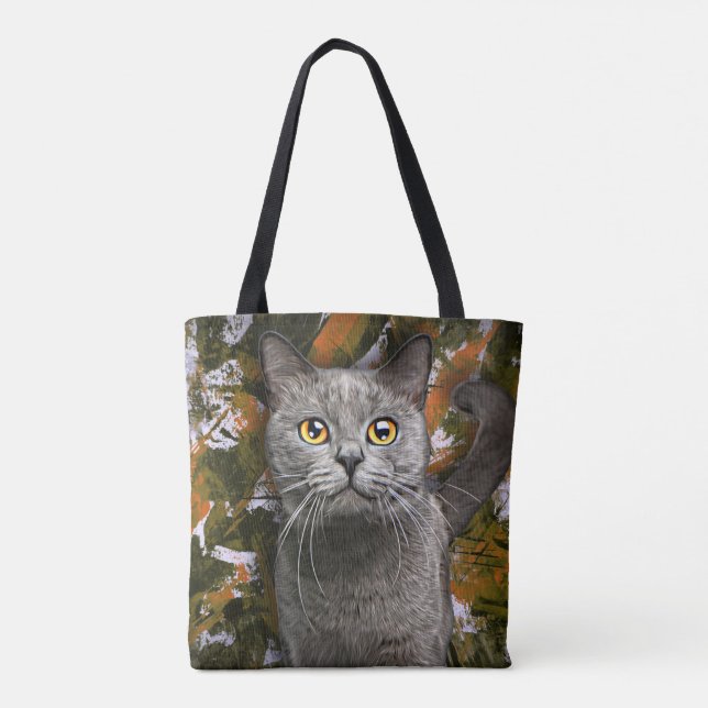 Tote Bag Cute Grey British Shorthair Cat Portrait Peinture (Dos)