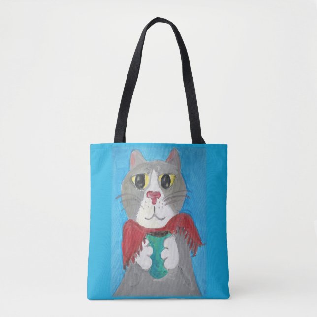 Tote Bag Cute Grey Café Chat Peinture Folk Art Amusant (Devant)
